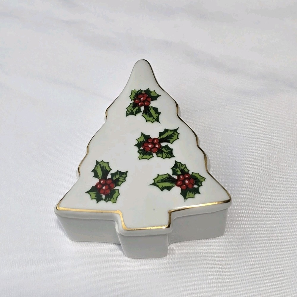 Lefton‎ China Christmas Tree Trinket Box Lid Hollie Pattern Holiday Vintage